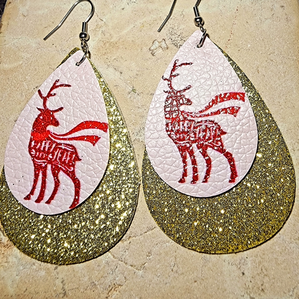 teardrop glitter gold and pink w/red reindeer Christmas earrings